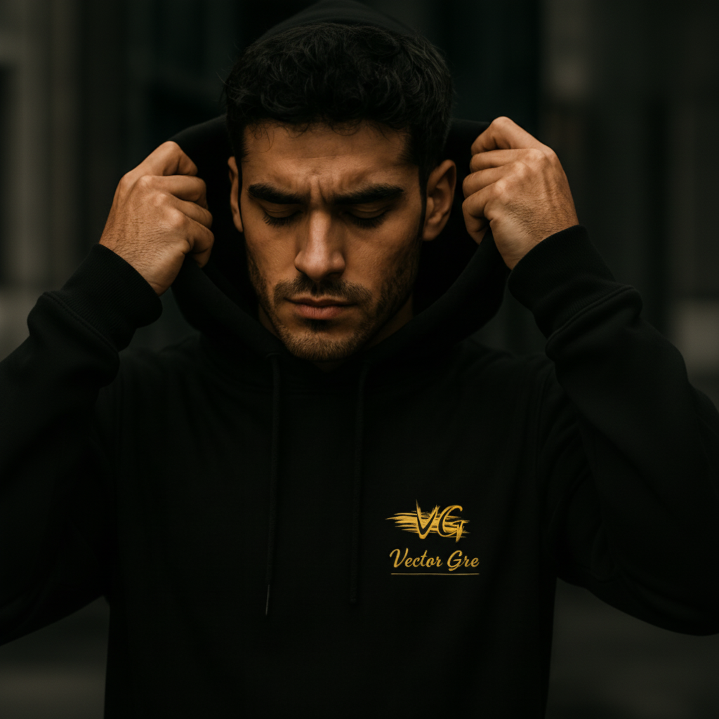 A group of young men wearing modern streetwear in neutral tones. They stand confidently in an urban setting with soft lighting, showcasing hoodies and tees with minimal graphics and clean lines.